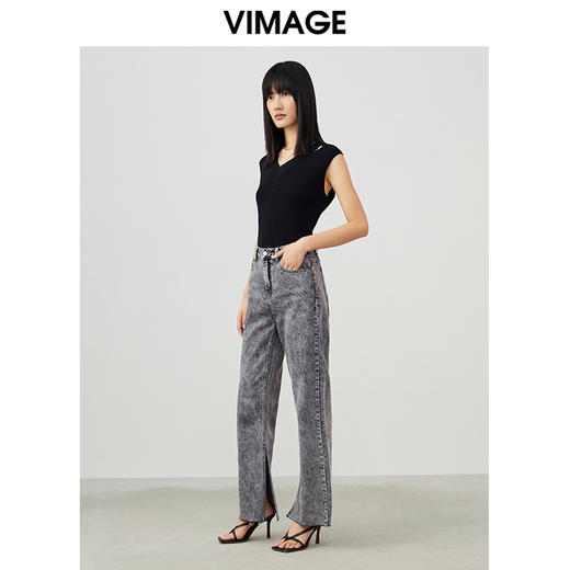 VIMAGE纬漫纪春季新款时尚开叉通勤休闲显瘦百搭100%棉牛仔裤V1705337 商品图1