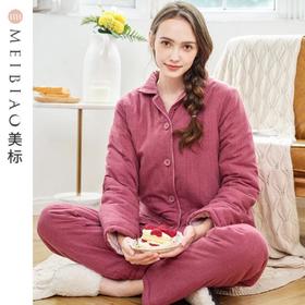 3楼 美标 紫红色三层夹棉保暖竖条纹印花家居服89087