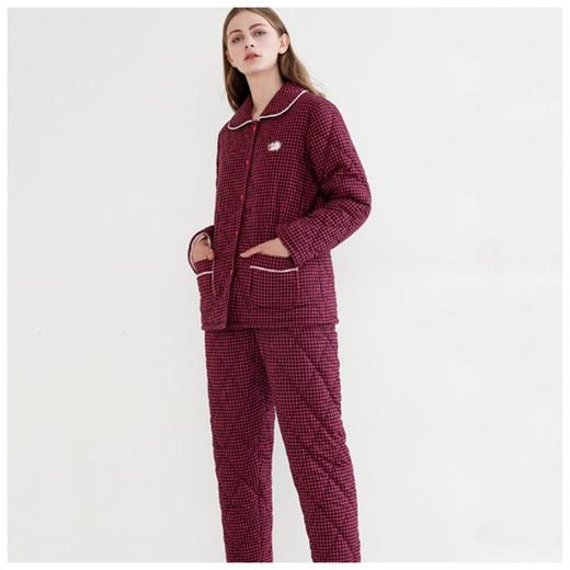 3楼 美标纯棉玫红经典格纹秋冬保暖舒适家居服45519 商品图0