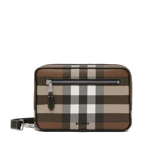 【包税】BURBERRY/博柏利 21秋冬新款 男士深桦木棕色格纹拼皮革拉链手拿包80492151 商品图0