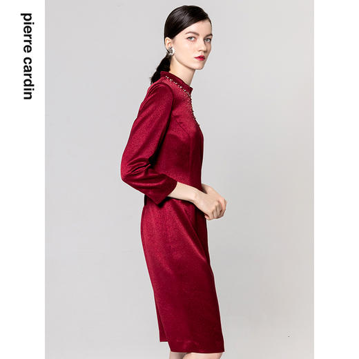 皮尔卡丹女装连衣裙红色醋酸长袖中式复古宴会礼服裙P1405E1819R0 商品图1