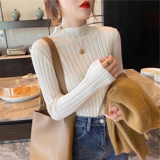 2023新款坑条半高领打底衫  女士内搭毛衣女秋冬白色洋气百搭上衣黑色针织衫 商品图1