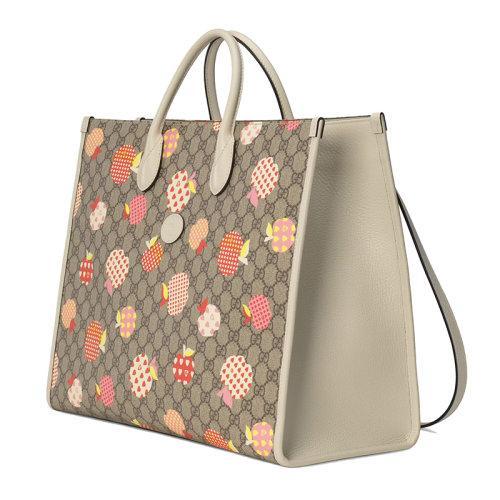 【包税】GUCCI/古驰 2021秋冬新款 男士米色大号心苹果印花老花帆布白色皮革饰边单肩手提托特包65998022KFG9799 商品图2