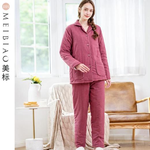 3楼 美标 紫红色三层夹棉保暖竖条纹印花家居服89087 商品图2