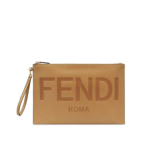 【包税】FENDI/芬迪 2021秋冬新款 女士大号浅棕色小牛皮热印徽标拉链封口金色饰面金属配饰可拆卸腕带手拿包8N0178AC9LF15KR 商品图0