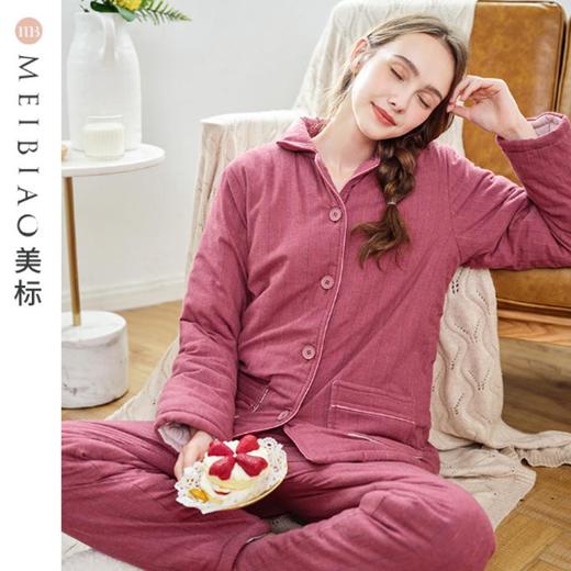 3楼 美标 紫红色三层夹棉保暖竖条纹印花家居服89087 商品图3