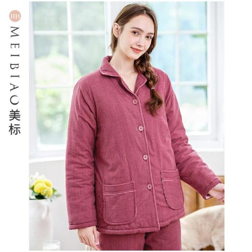 3楼 美标 紫红色三层夹棉保暖竖条纹印花家居服89087 商品图1