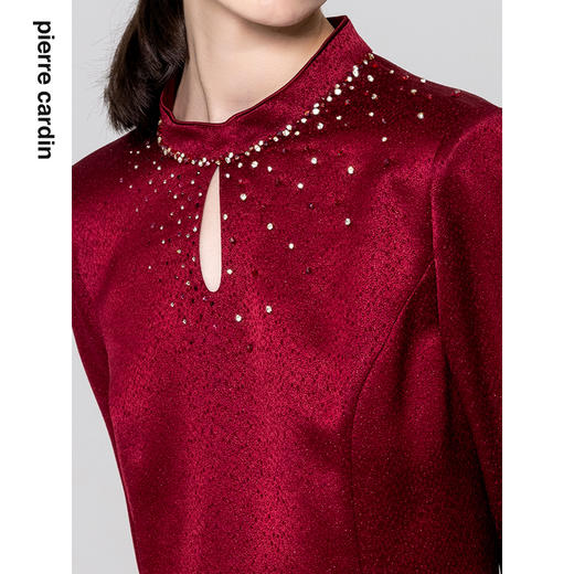 皮尔卡丹女装连衣裙红色醋酸长袖中式复古宴会礼服裙P1405E1819R0 商品图3