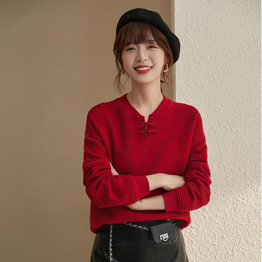 RWQ9135 红色打底针织衫2021年新款毛衣女秋冬设计感小众圣诞新年冬季上衣 商品图0