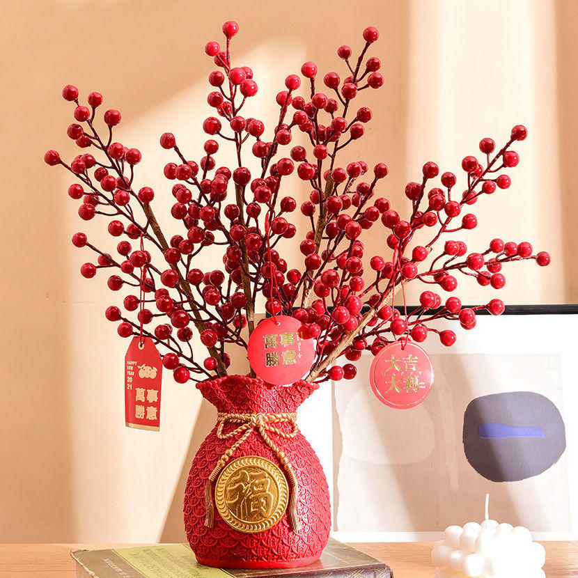 年货节 新年插花桶春节招财纳福钱袋树脂 仿真发浆果寓意着吉祥如意红红火火假花仿真花摆设插花艺摆件