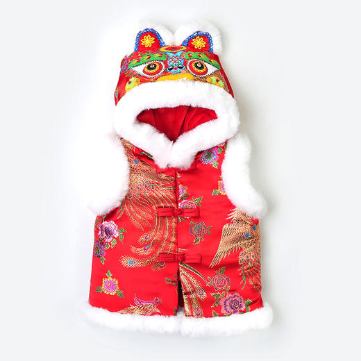 【采用优质织锦缎面 手工缝制 重工织造】新款宝宝虎头帽马甲织锦缎开衫中小童加厚马甲民族拜年唐装红坎肩 商品图5