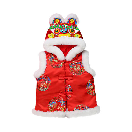 【采用优质织锦缎面 手工缝制 重工织造】新款宝宝虎头帽马甲织锦缎开衫中小童加厚马甲民族拜年唐装红坎肩 商品图4