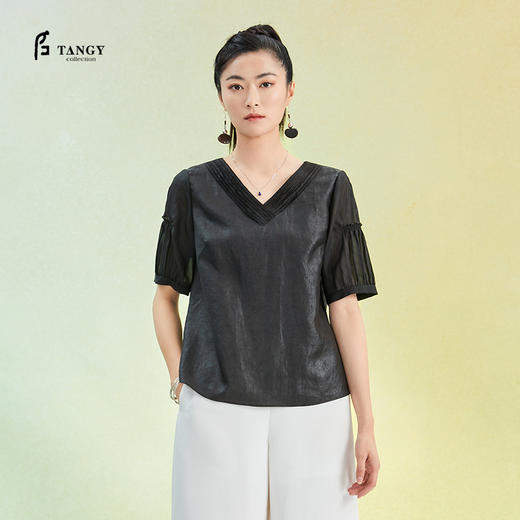 TANGY Collection/天意精品2022年春夏新品优雅V领非遗莨绸上衣 商品图0