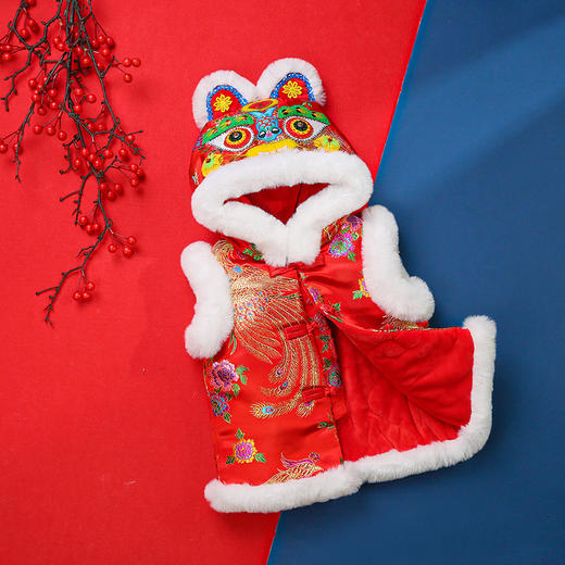 【采用优质织锦缎面 手工缝制 重工织造】新款宝宝虎头帽马甲织锦缎开衫中小童加厚马甲民族拜年唐装红坎肩 商品图2