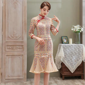 ZSM200825 2022春秋新款女美人鱼连衣裙重工绣花七分袖立领复古改良旗袍裙子