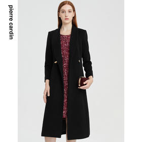 皮尔卡丹女装大衣黑色长款经典外套通勤保暖羊毛外套P1437C1960B0
