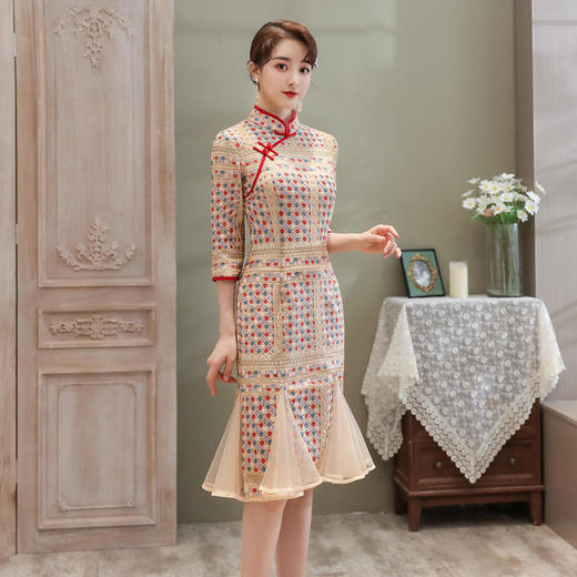 ZSM200825 2022春秋新款女美人鱼连衣裙重工绣花七分袖立领复古改良旗袍裙子 商品图4