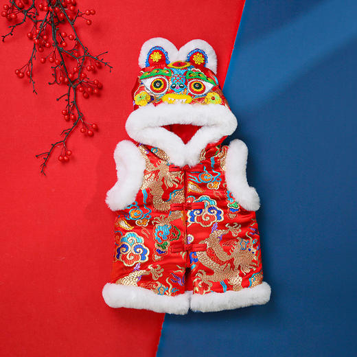 【采用优质织锦缎面 手工缝制 重工织造】新款宝宝虎头帽马甲织锦缎开衫中小童加厚马甲民族拜年唐装红坎肩 商品图0