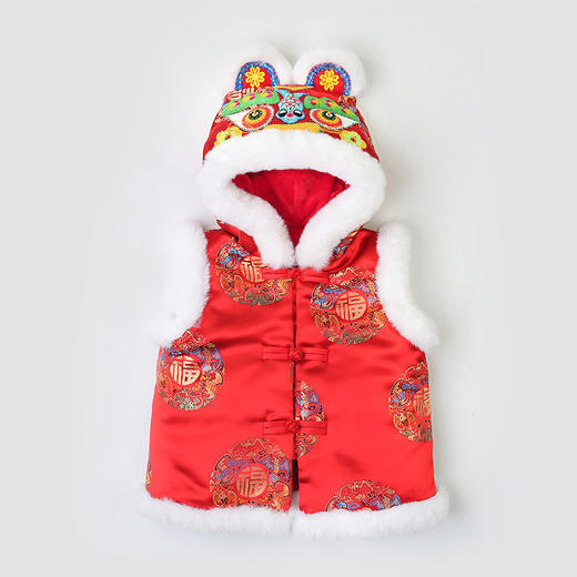 【采用优质织锦缎面 手工缝制 重工织造】新款宝宝虎头帽马甲织锦缎开衫中小童加厚马甲民族拜年唐装红坎肩 商品图7