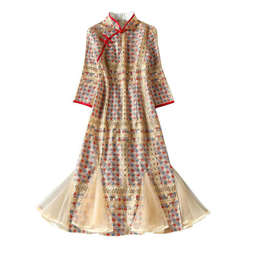 ZSM200825 2022春秋新款女美人鱼连衣裙重工绣花七分袖立领复古改良旗袍裙子 商品图2