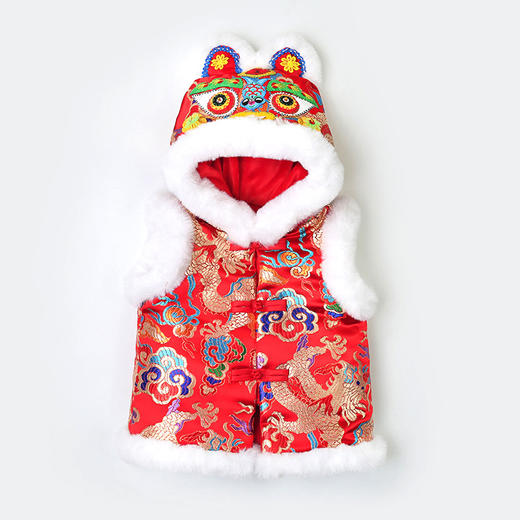 【采用优质织锦缎面 手工缝制 重工织造】新款宝宝虎头帽马甲织锦缎开衫中小童加厚马甲民族拜年唐装红坎肩 商品图6