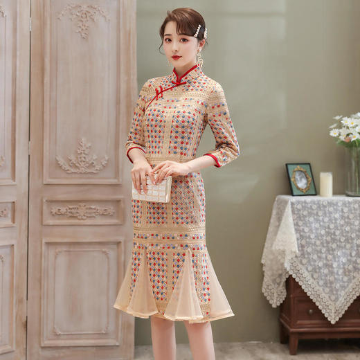 ZSM200825 2022春秋新款女美人鱼连衣裙重工绣花七分袖立领复古改良旗袍裙子 商品图3