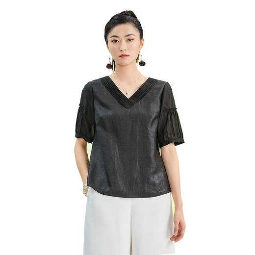 TANGY Collection/天意精品2022年春夏新品优雅V领非遗莨绸上衣 商品图4