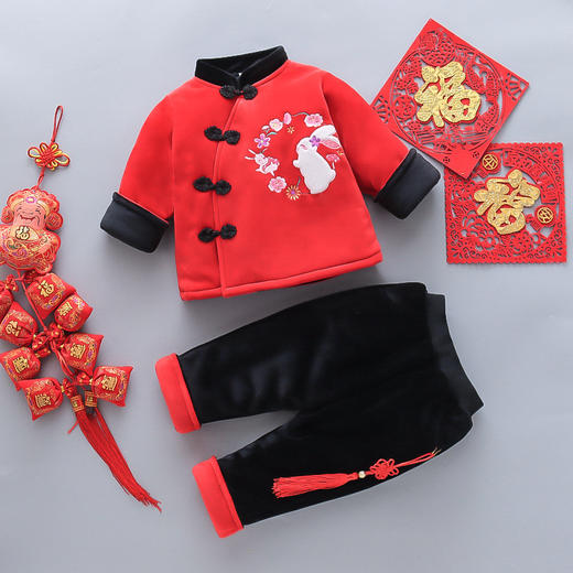 【虎年刺绣宝宝套装 甄选优质面料】2021冬季新品男童拜年服唐装中国风宝宝过年红色喜庆加绒加厚套装 商品图11