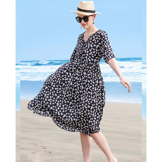 丁摩【断码清仓】 真丝连衣裙V领桑蚕丝a字裙黄色碎花洋气裙子W503-WX013 商品图6