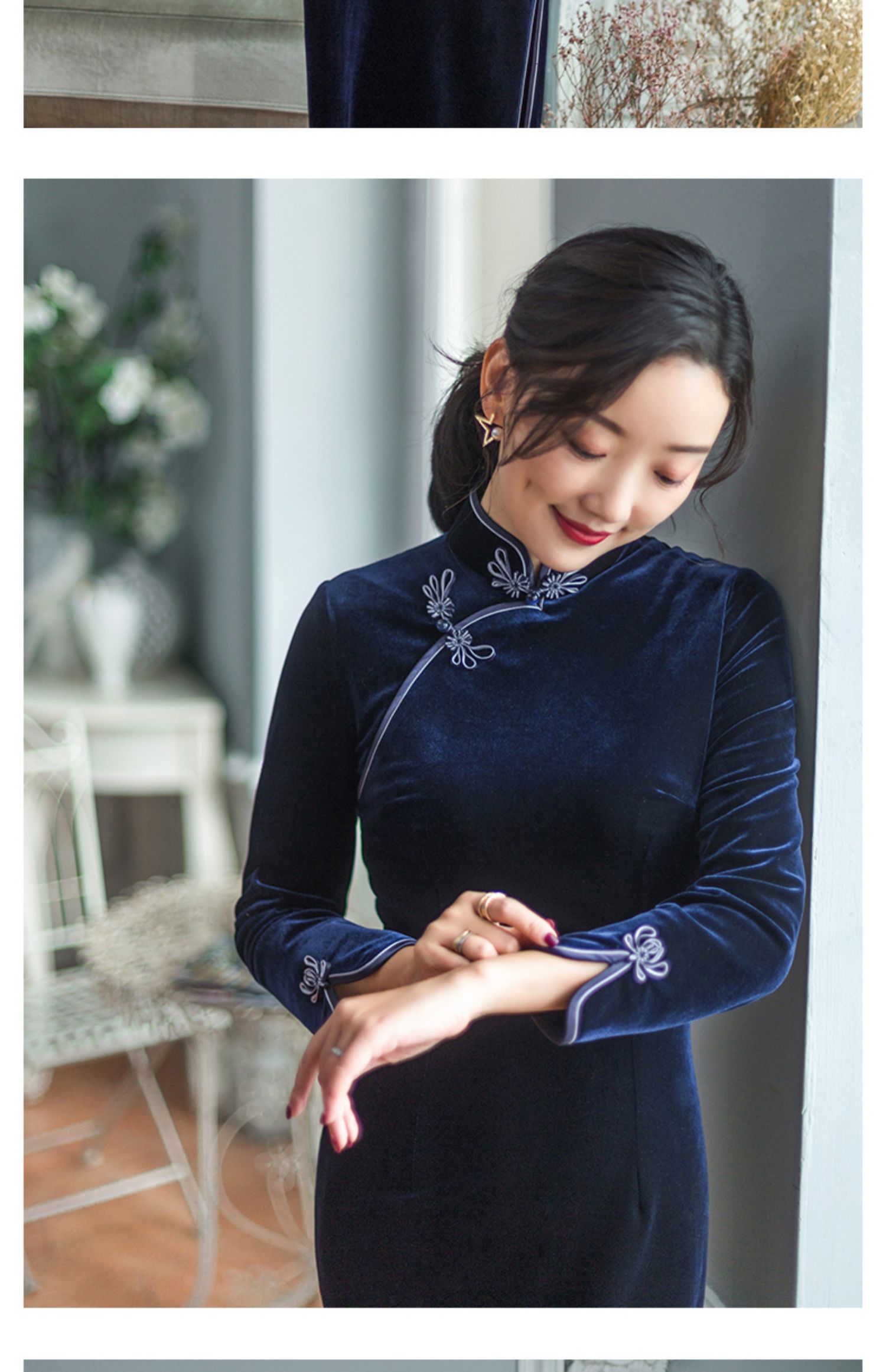 逸红颜 紫露 秋冬丝绒旗袍改良版中式礼服气质连衣裙女