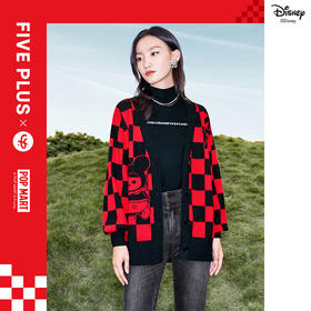 FIVE PLUS 2022新款女春装泡泡玛特联名格子毛衣开衫女卡通V领外套2WN1030090