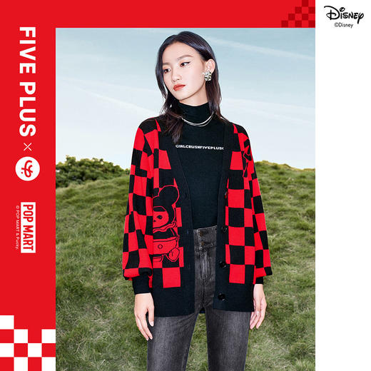 FIVE PLUS 2022新款女春装泡泡玛特联名格子毛衣开衫女卡通V领外套2WN1030090 商品图0