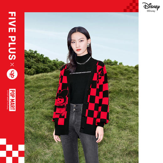 FIVE PLUS 2022新款女春装泡泡玛特联名格子毛衣开衫女卡通V领外套2WN1030090 商品图3