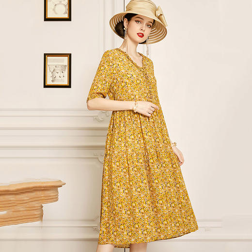 丁摩【断码清仓】 真丝连衣裙V领桑蚕丝a字裙黄色碎花洋气裙子W503-WX013 商品图9
