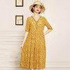 丁摩【断码清仓】 真丝连衣裙V领桑蚕丝a字裙黄色碎花洋气裙子W503-WX013 商品缩略图4