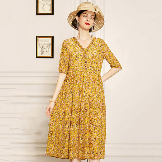丁摩【断码清仓】 真丝连衣裙V领桑蚕丝a字裙黄色碎花洋气裙子W503-WX013 商品图4