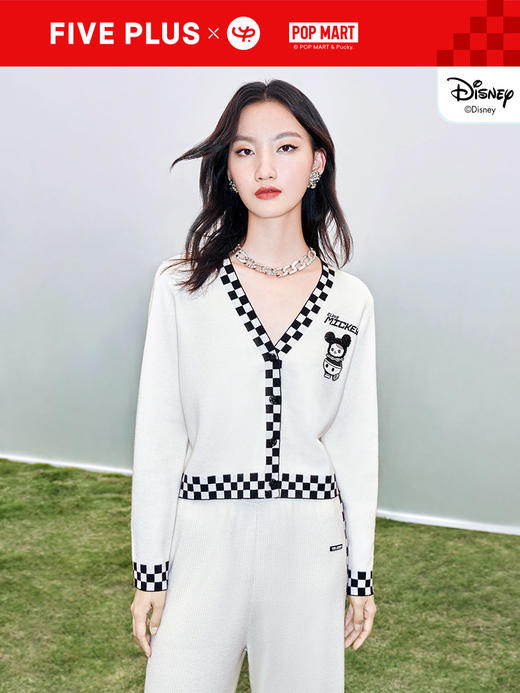 FIVE PLUS2022新款女春装泡泡玛特联名软糯毛衣开衫女格纹V领上衣 2WN1030030 商品图4