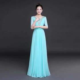 大合唱演出服女长裙中袖2021新款合唱服合唱团礼服主持晚礼服长款