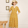 丁摩【断码清仓】 真丝连衣裙V领桑蚕丝a字裙黄色碎花洋气裙子W503-WX013 商品缩略图5