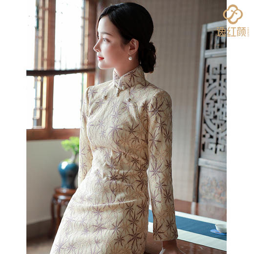 逸红颜旗袍2021秋冬新款 玉笛 蕾丝针织弹力修身复古改良版旗袍裙 商品图2