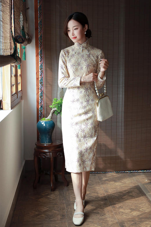 逸红颜旗袍2021秋冬新款 玉笛 蕾丝针织弹力修身复古改良版旗袍裙 商品图5