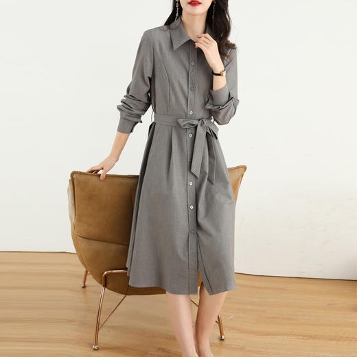 AHM-ht9663 衬衫连衣裙女2022春新款系带修身显瘦长袖知性风气质淑女中长款裙 商品图0
