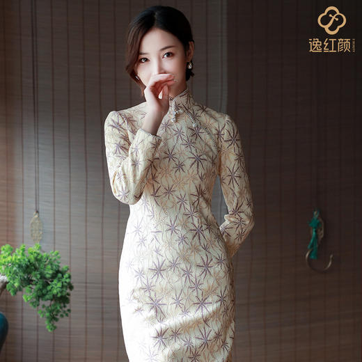 逸红颜旗袍2021秋冬新款 玉笛 蕾丝针织弹力修身复古改良版旗袍裙 商品图0