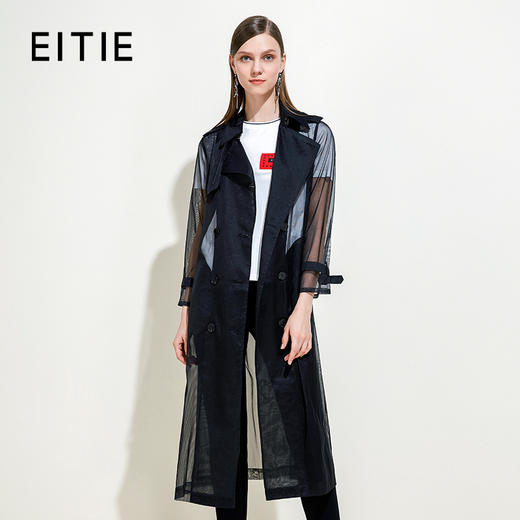 EITIE爱特爱女装夏季翻领轻薄透气防晒薄纱拼接开衫长款外套5904614 商品图0