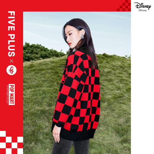 FIVE PLUS 2022新款女春装泡泡玛特联名格子毛衣开衫女卡通V领外套2WN1030090 商品图2