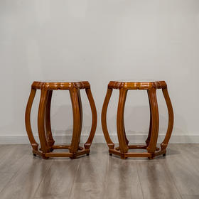 红木镶云石葵口座面六足鼓凳（一对）