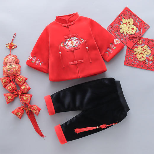 【虎年刺绣宝宝套装 甄选优质面料】2021冬季新品男童拜年服唐装中国风宝宝过年红色喜庆加绒加厚套装 商品图9