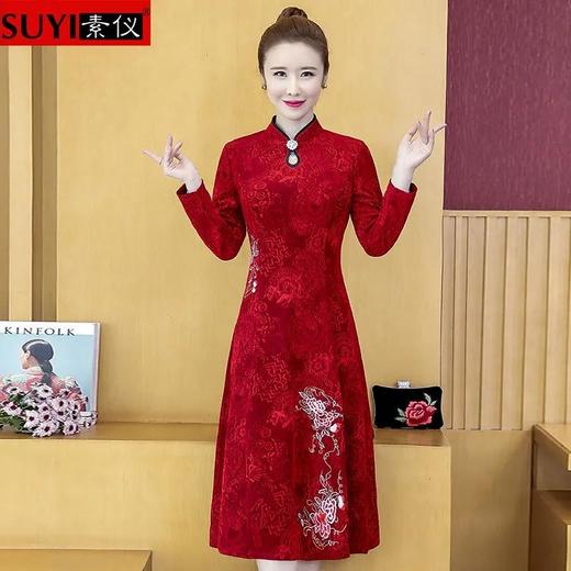 JXG-妈妈装改良旗袍连衣裙女2020秋季新款中年女装中长款提花刺绣裙子 商品图3