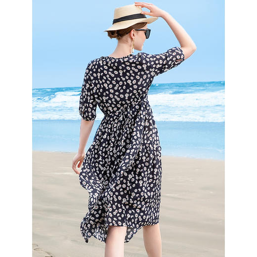 丁摩【断码清仓】 真丝连衣裙V领桑蚕丝a字裙黄色碎花洋气裙子W503-WX013 商品图8