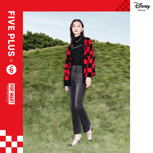 FIVE PLUS 2022新款女春装泡泡玛特联名格子毛衣开衫女卡通V领外套2WN1030090 商品图1